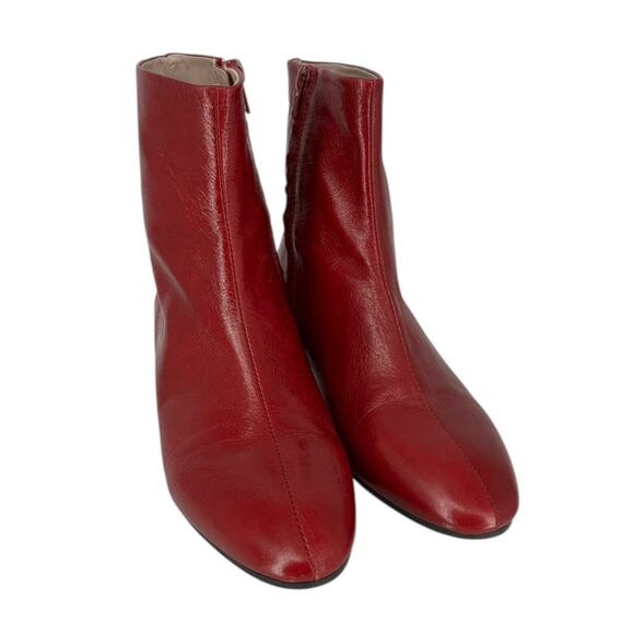Zara Red Leather Ankle Boots Mid Heel Mid Century Modern Style Size 37 - Picture 2 of 11